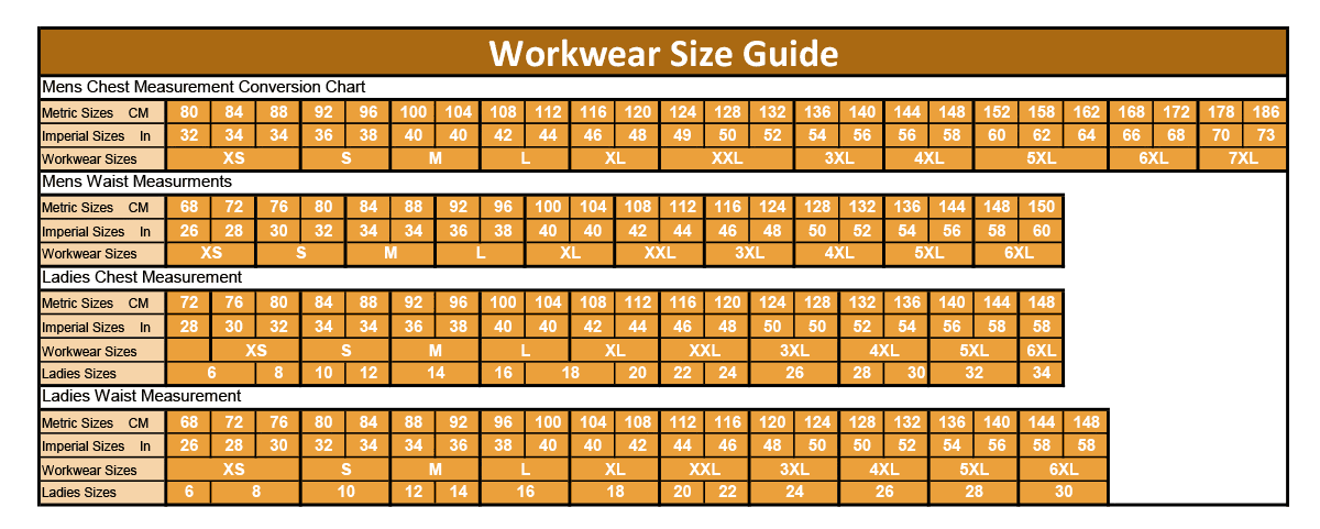 Workwear Overall Size Chart